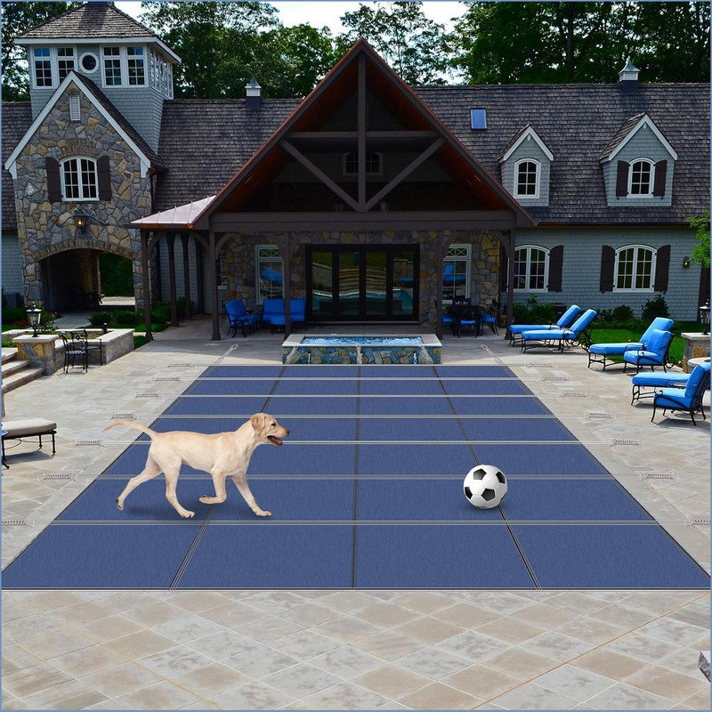 Couvertures de piscine de sécurité pour piscines creusées, couverture de piscine de sécurité rectangulaire avec marche centrale, couverture de piscine durable en filet pour piscine creusée avec outils d'installation, bleu