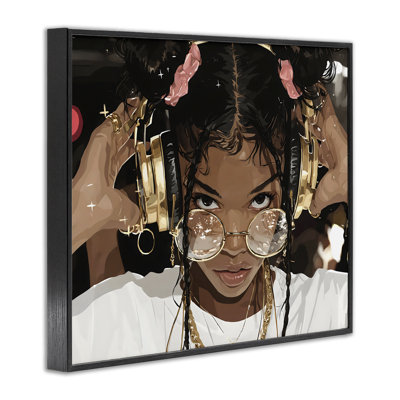 Fille branchée avec un casque doré, estampe numérique, design par Franklyn Gregory