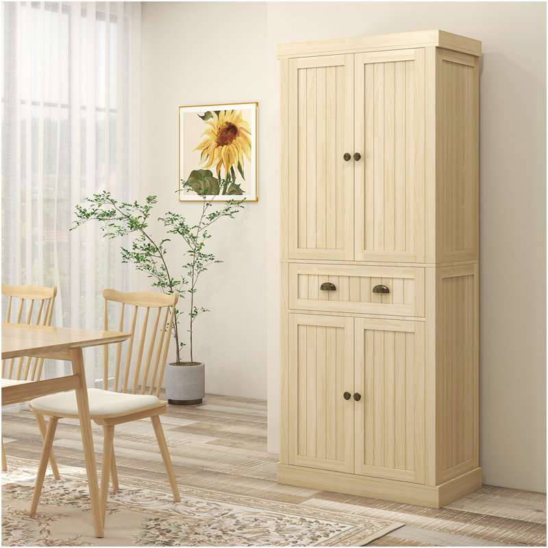 72" Farmhouse Kitchen Pantry Cabinet, Freestanding Tall Storage Cabinet With 4 Soft-Close Doors, 2 Adjustable Shelves And Drawer For Dining Room, Natural Wood