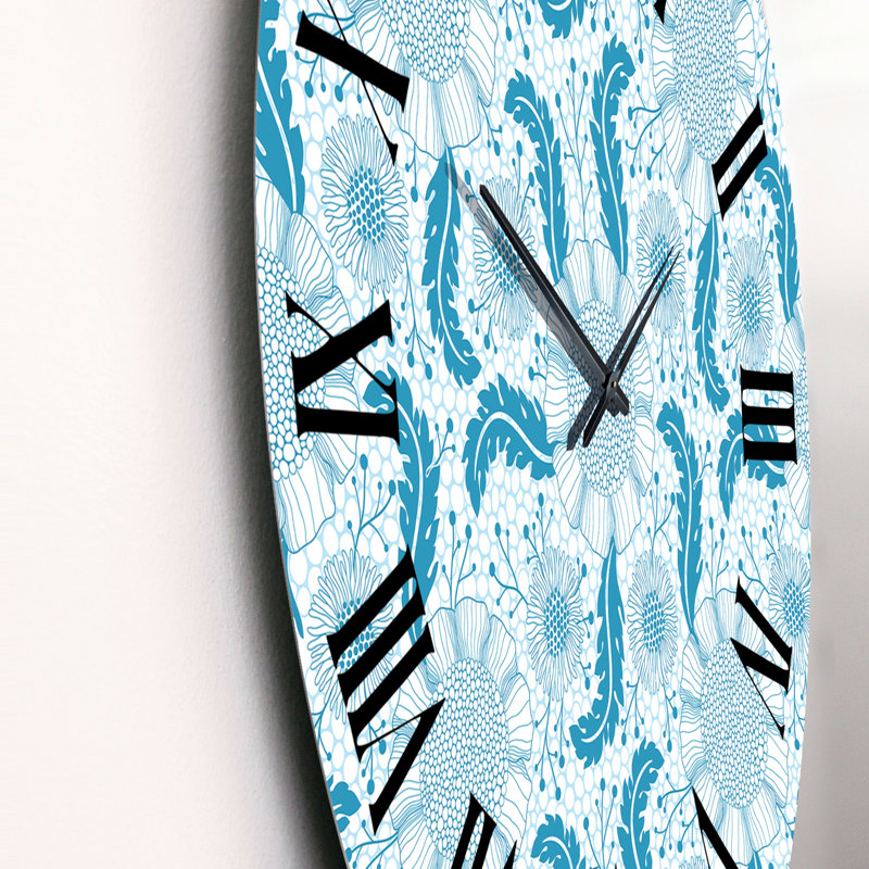 Horloge murale à fleurs bleu clair sur fond blanc, Grand