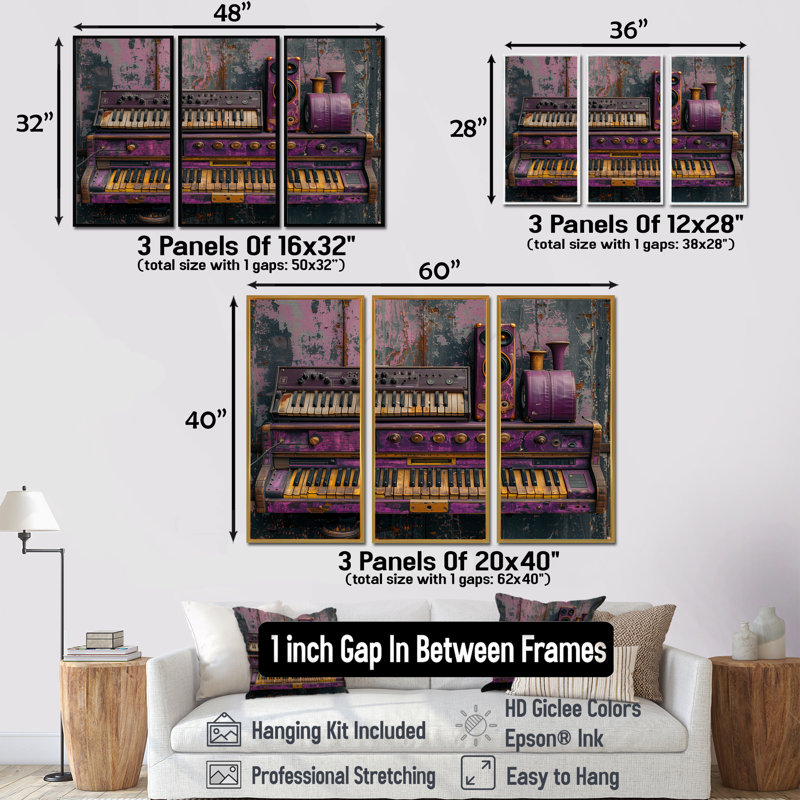 Ensemble de salon et clavier mauve doré, Toile encadrée flottée blanche, H 32 po x l 48 po x P 1 po