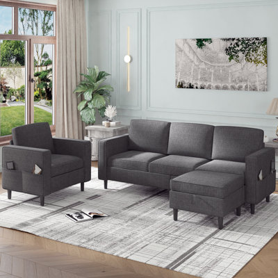 Ebern Designs 3pcs Convertible Sofa Set | Linen Upholstered Sofa Set With Side Pockets | Modern Living Room Sofa With Storage Ottoman | Couch For Living Room ( Sectional Sofa + Single)