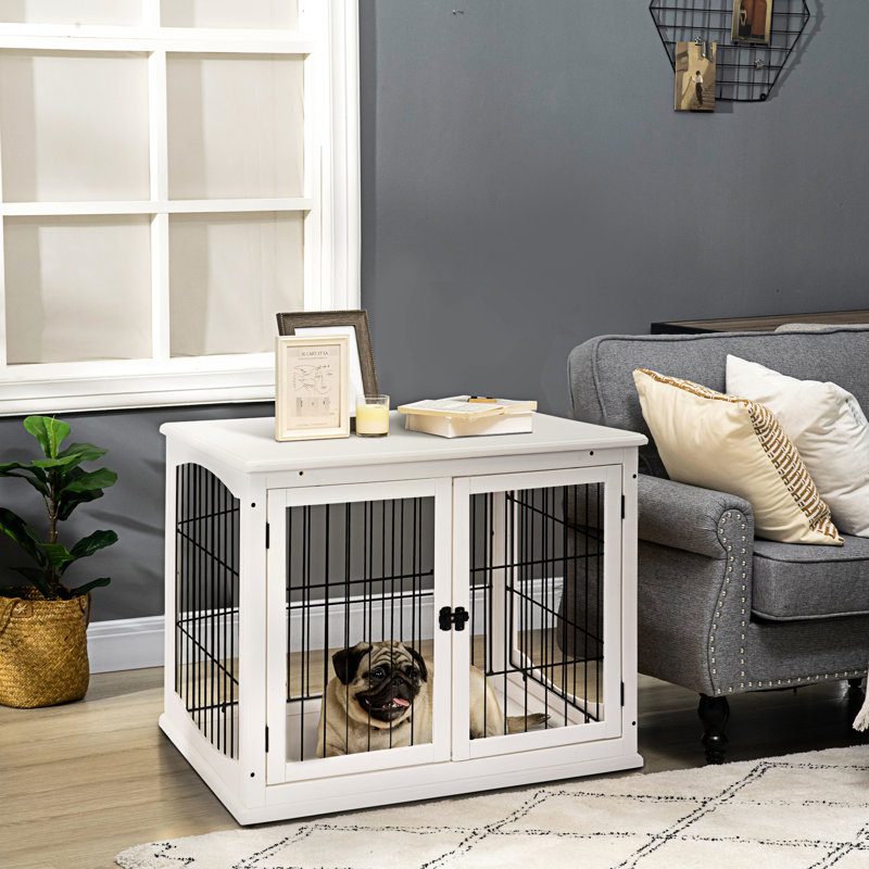 Petite table de cage pour chien, avec porte verrouillable et deux entrées, jolie table de bout blanche, côtés ouverts, intérieur décoratif