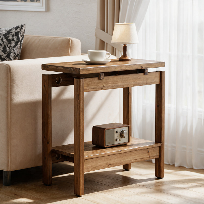 Table d'appoint en bois massif, petite table de chevet à 2 niveaux, 1