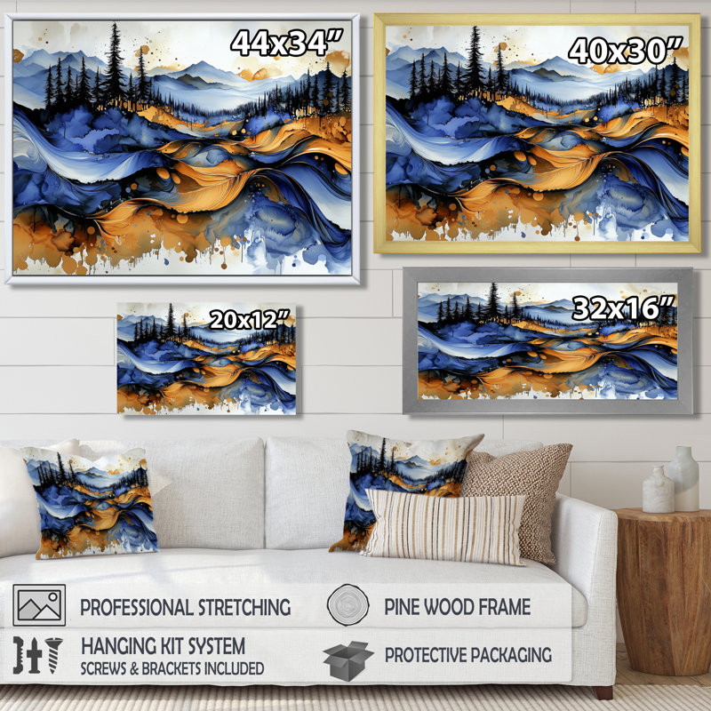 «Golden Aqua», art mural à l'encre liquide «Forest», Cadre simple, Noir, H 12 po x l 20 po