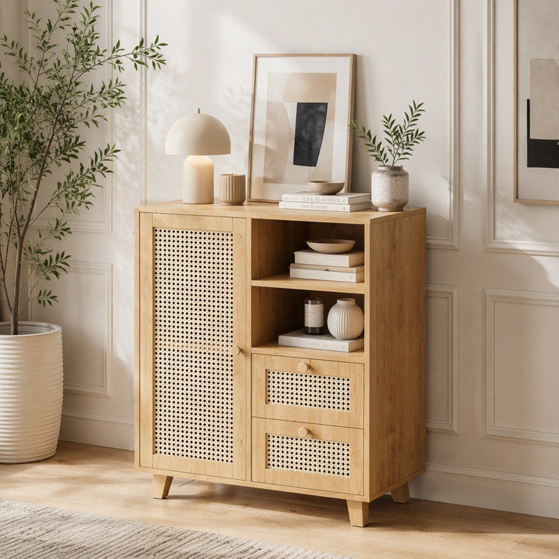 Buffet en rotin avec tablette réglable pour le salon, la cuisine, le vestibule, Naturel