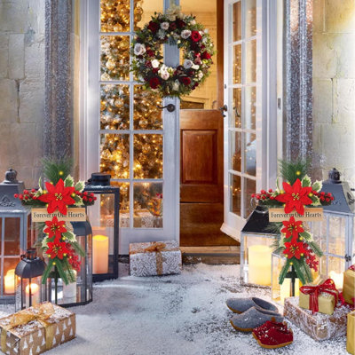2PCS 30" Solar Christmas Cross Decor - Poinsettia Pine Cones Cemetery Lights