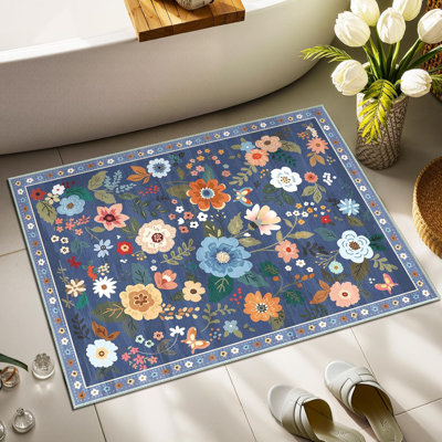 Motif floral 2 x 3 tapis lavable imprimé boho tapis mignon antidérapant fleur bas pour salon chambre paillasson tapis d'entrée pour la cuisine bureau ferme-bleu / gris