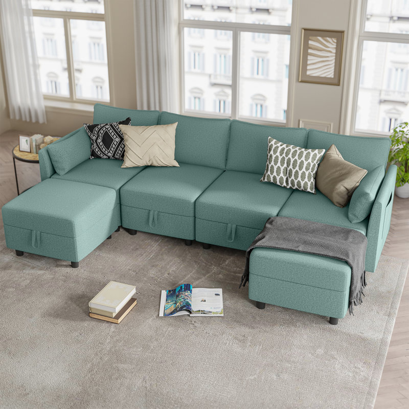 Canapé modulaire rembourré 6 pièces avec rangement sous le siège 6 pièces, Mélange de polyester turquoise