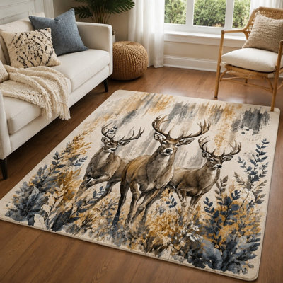 1Pcs Realistic Deer Print Area Rug - Watercolor Forest Scene Design, Artistic Woodland Wildlife Home Decor, Non-Slip Backing, Washable Floor Mat for Living Room, Bedroom, and Hallway for home detor