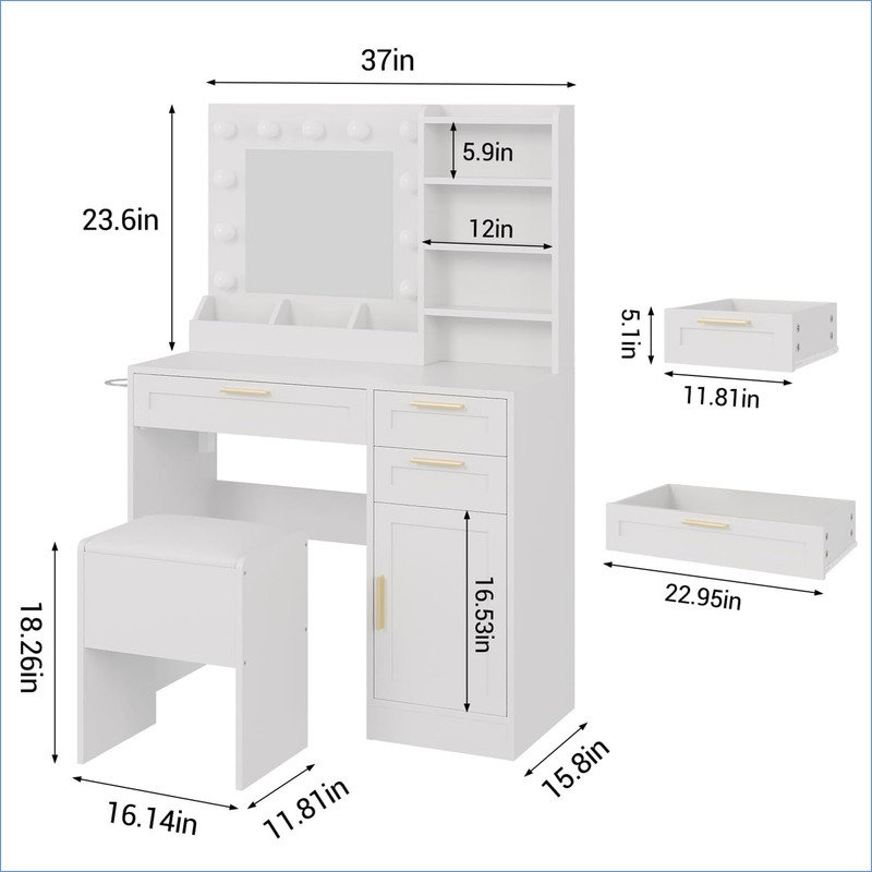 Vanity Desk with Mirror and Lights, Makeup Vanity Set with Drawers & Cabinet & Chair, 3 Light Mode and Brightness Adjusted & Power Outlet, Dressing Table with Hairdryer Holder for Bedroom