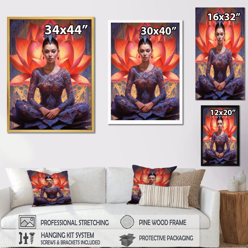 Femme mauve, rouge et yoga sur toile, Cadre simple blanc, H 40 po x l 30 po x P 1,5 po
