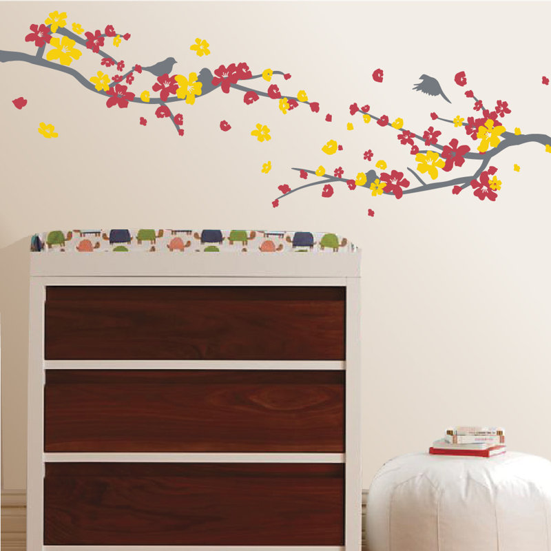 Décalcomanie murale petites fleurs de cerisier, H 20 po x l 24 po x P 0,01 po, Gris / rouge / jaune