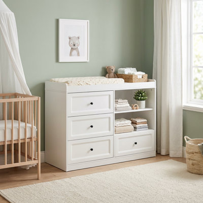 Commode à langer, commode pour chambre de bébé avec 4 tiroirs et tablettes réglables, table à langer en bois, blanc