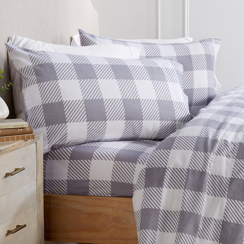 Alpine Flannel Sheet Set, Queen Sheet Set with 2 Pillowcases, Buffalo Check Grey