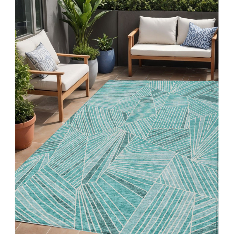 Tapis extérieur bleu sarcelle et ivoire lavable 5 pi x 8 pi bleu sarcelle et ivoire