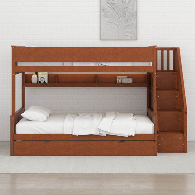 Full XL Over Queen Bunk Bed With Trundle & Shelves & LED Light,Solid Wood Bunk Bed Frame With Storage Staircase And Safety Guardrail