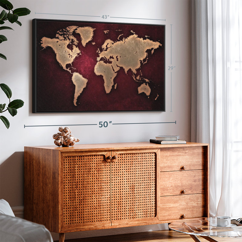 «Maroon World Map Wall Art», H 29 po x l 43 po