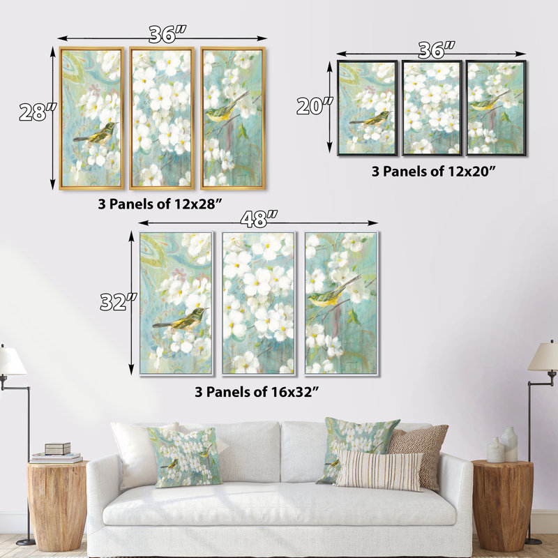 Oiseaux sur fleur - ensemble d'art mural sur toile traditionnel encadré de 3, H 28 po x l 36 po x P 1 po, Blanc
