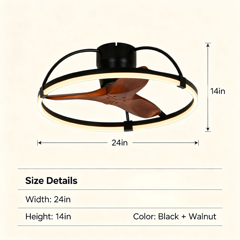Ventilateur de plafond encastré en bois massif de 61 cm (24 po) avec télécommande, éclairage DEL discret 3000 K - 6000 K pour intérieur