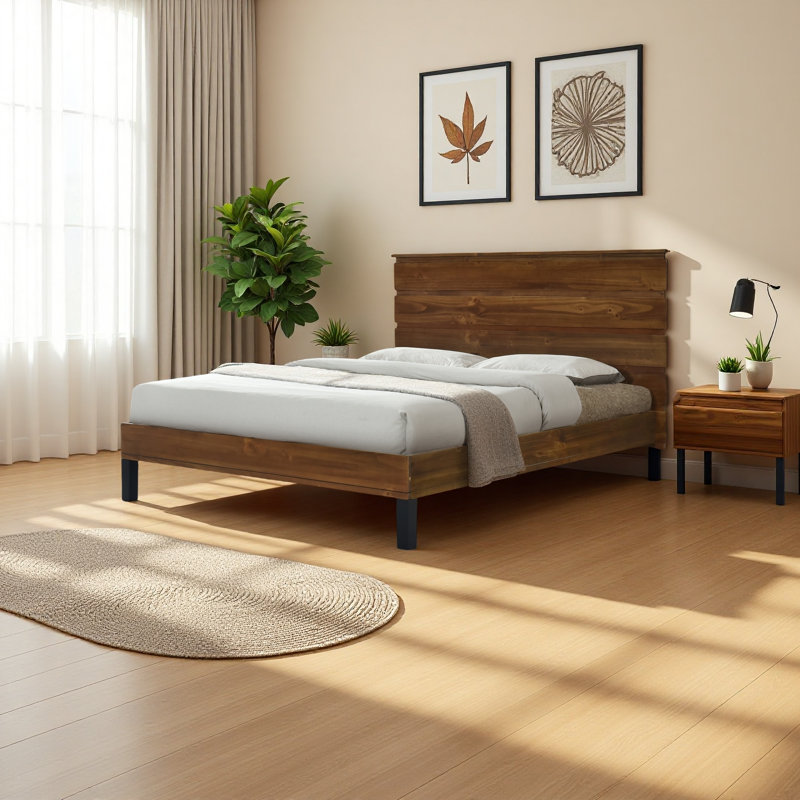 Mid-Century Modern Solid Wood Bed Frame, King