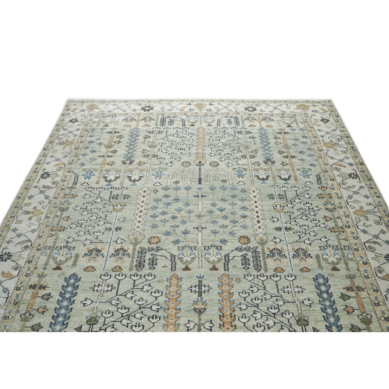 Tapis transitionnel en laine noué à la main 10 po x 14 pi 1 po Oushak, Rectangle 10 pi x 14 pi 1 po, Vert clair / vert