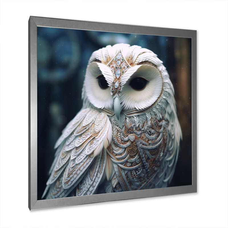 Art mural sur toile White Owl's Wise Gaze, H 36 po x l 36 po x P 1,5 po, Cadre simple argenté