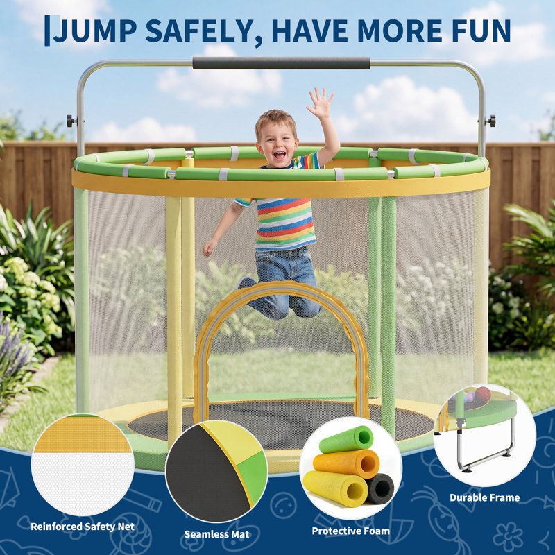 Trampoline 60 po pour enfants, capacité de 400 lb, mini trampoline pour tout-petits approuvé par l'ASTM avec filet de sécurité et barre de gymnastique réglable