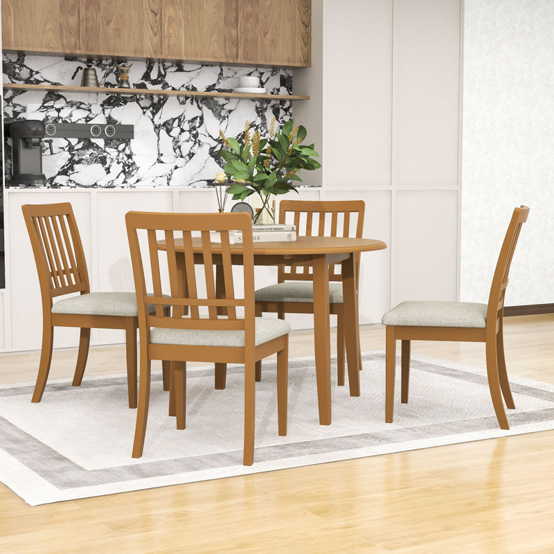 Ensemble de table de salle à manger 5 pièces, table ronde extensible avec abattant et 4 chaises rembourrées, Marron clair