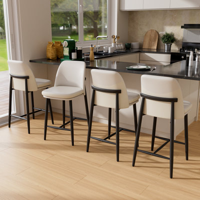 Bar Stools Set of 4, Upholstered Counter Height Bar Stools, Counter Stools 26 Inch Barstools with Back, Metal Legs and Textured Leather&Fabric for Kitchen Island Dining Room, White