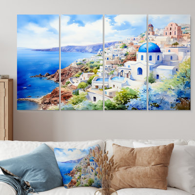 Blue And White Santorini Village III - Greece 4 Piece Wall Art