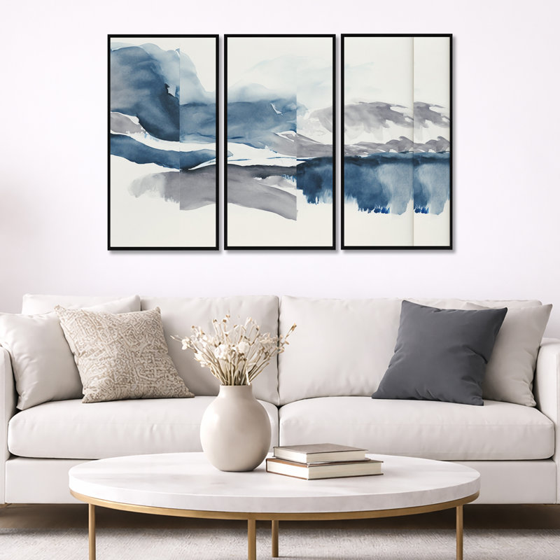 «Through The Sapphire Blue Clouds I», reproduction sur toile 3 pièces, Cadre flottant noir, H 32 po x l 48 po