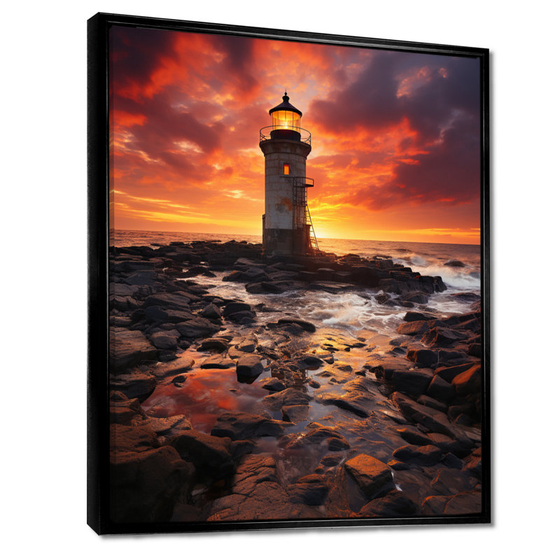 Phare sur le rocher essaim rouge océan coucher de soleil - art mural phares, Toile avec cadre flottant noir