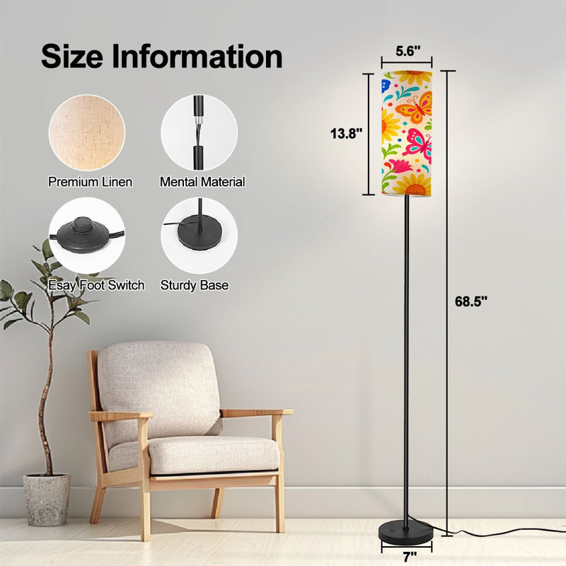  68.5" Standing Floor Lamp Seamless Mexican Otomi Style Bright Butterflies flowers Dimmable Metal Pole Lamp with Linen Lampshade LED Bulb Included