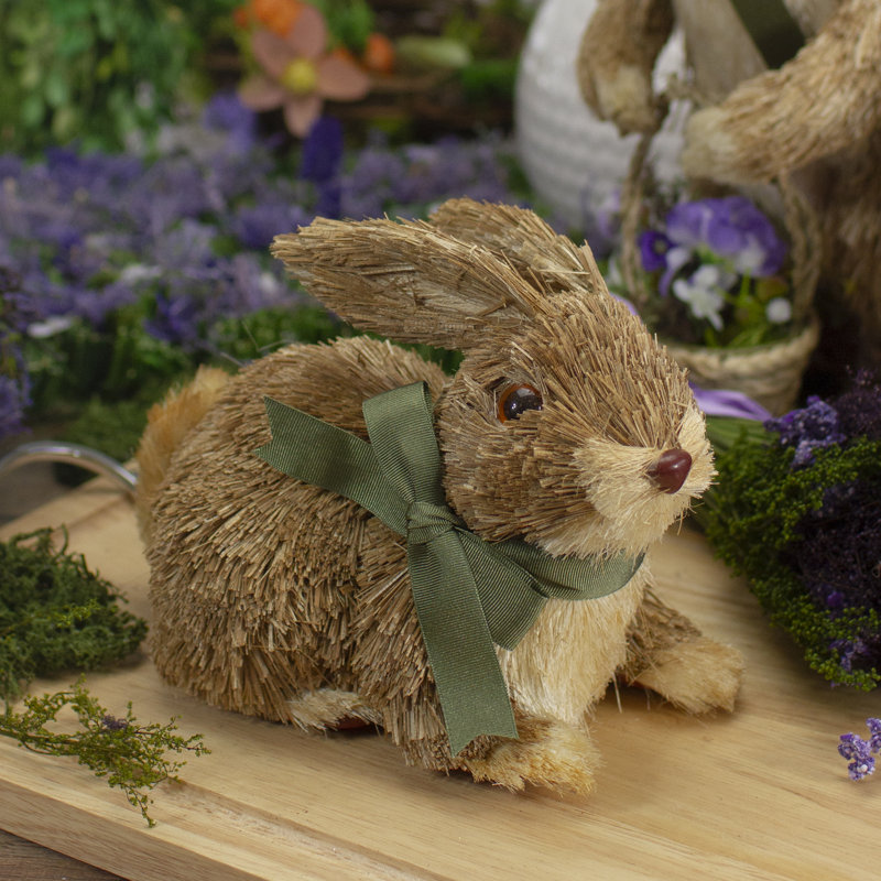 Brown Sisal Bunny Rabbit Figurine with Green Ribbon
