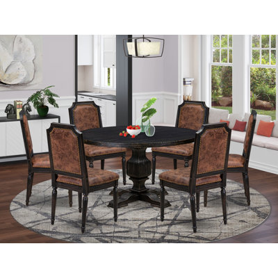 Ensemble de table à manger 7 pièces comprenant une table ronde en bois et 6 chaises en polyester texturé marron avec dossier haut et finition noire sablée.