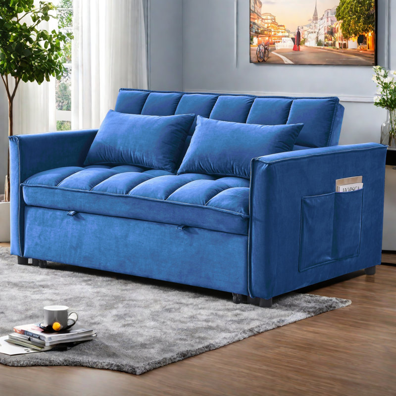 Canapé-lit Larmon, canapé-lit convertible, canapé-lit 3 en 1, Blue Velvet
