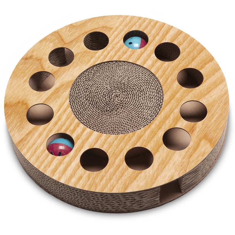 Round Tan Cardboard Cat Scratcher with Toy Balls