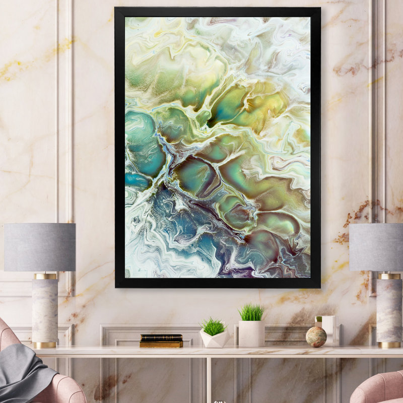 «Yellow and Green Abstract Strokes III», peinture sur toile, H 44 po x l 34 po, Toile avec cadre de coin noir fermé