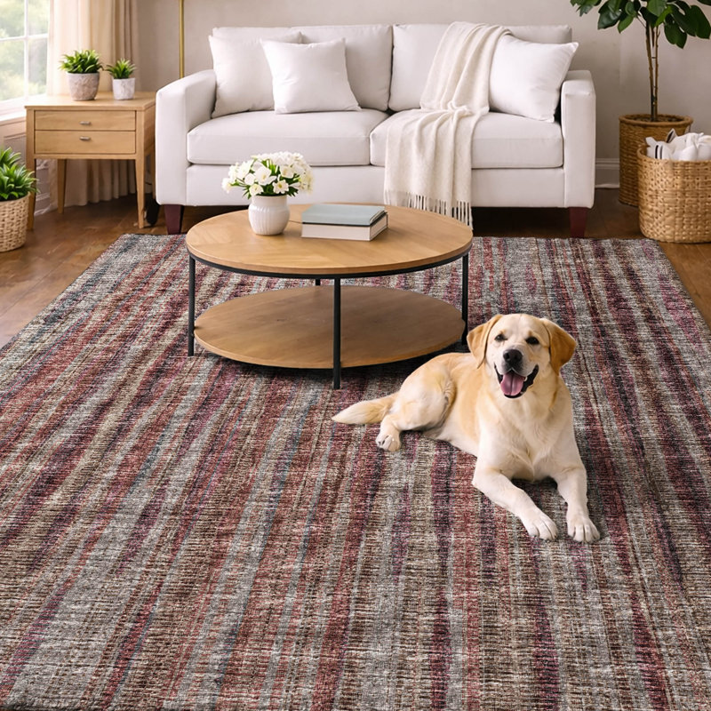 Tapis à rayures texturé de qualité supérieure lavable à la machine ADS31, Bourgogne, 8 pi x 10 pi