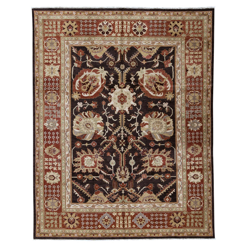 Tapis brun et rouille de haute qualité noué à la main