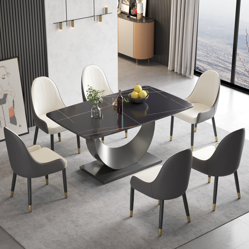 Ensemble de table de salle à manger à piédestal en pierre 7 pièces, Noir, Brun / blanc / noir
