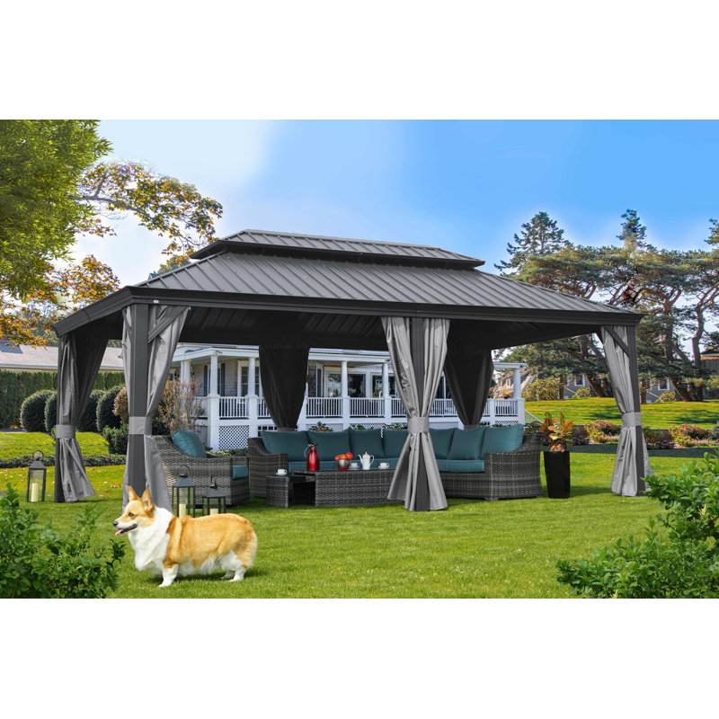 Kozyard Alexander Gray Double Roof Hardtop Gazebo with Privacy Curtain Mosquito Netting, 20 (ft) x 12 (ft)