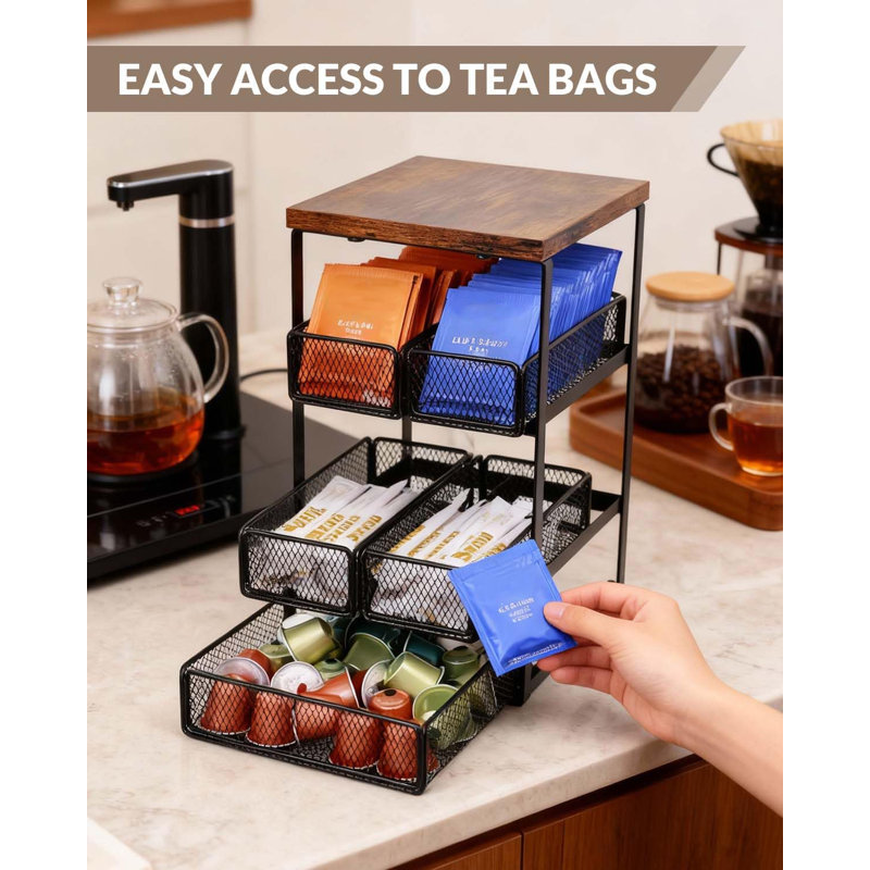 Rangement de sachets de thé à 5 tiroirs en bois et métal