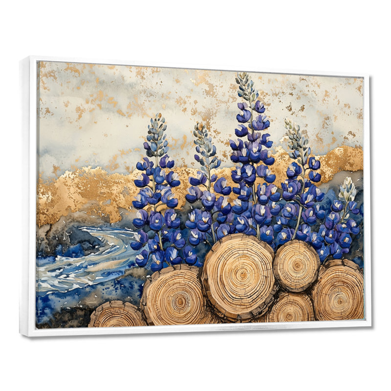«Jabien Blue Bonnets Flowers On A Wood Slide Landscape I - Blue Bonnets Large, art mural», H 24 po x l 32 po, Blanc