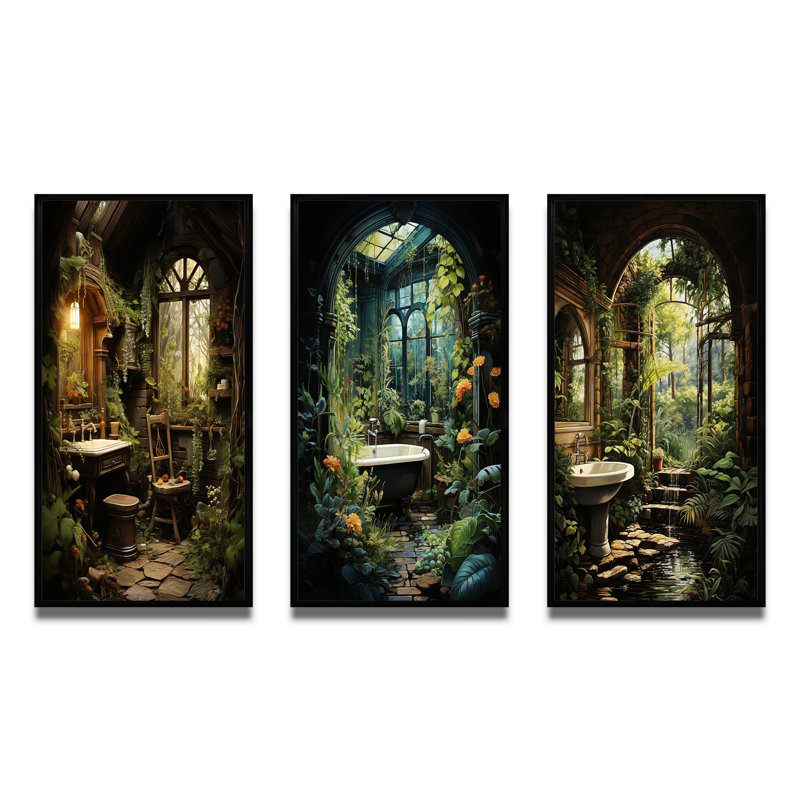 Salle de bain rustique Woodland Retreat - ensemble d'art de salle de bain de 3 pièces, Cadre noir, H 32 po x l 48 po