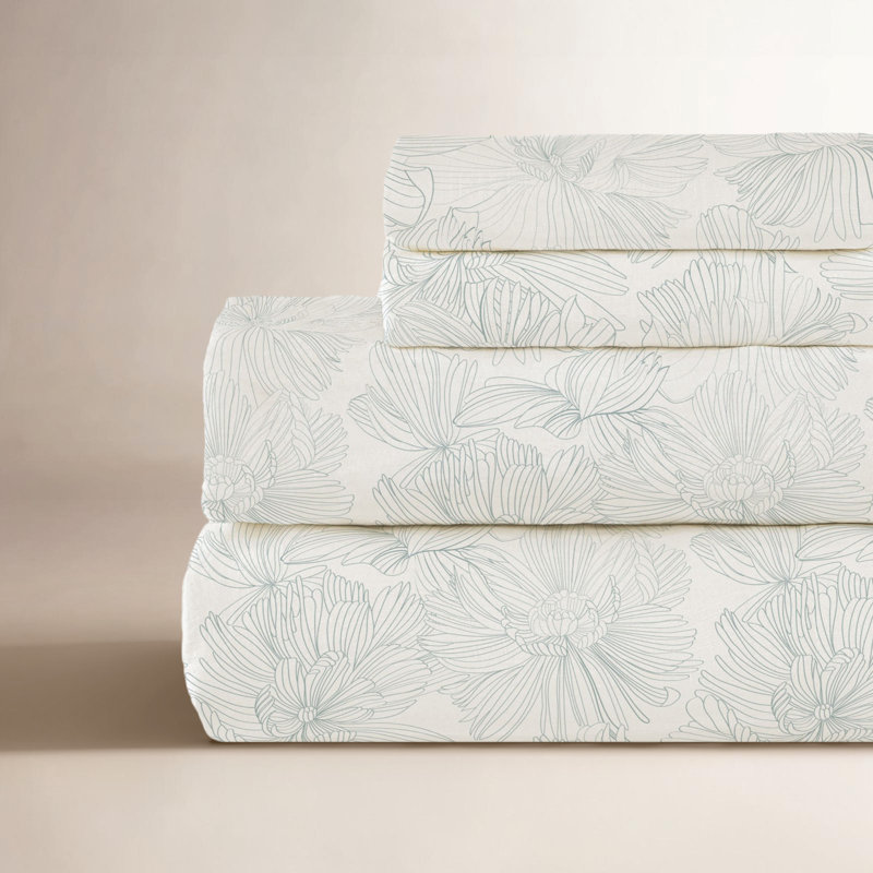 100% French Linen Sheet Set, California King Sheet Set with 2 Pillowcases, Cream/Wave Floral