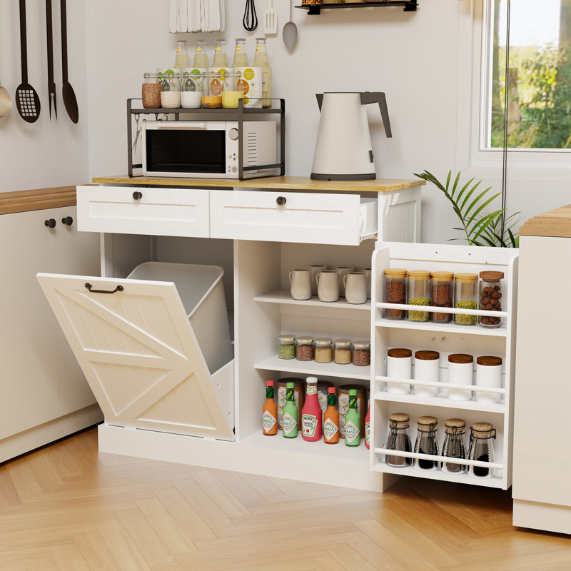 Pantry Cabinet with 2 Drawers, Tilt Out Trash Cabinet and 1 door with storage rack and 2 Shelves