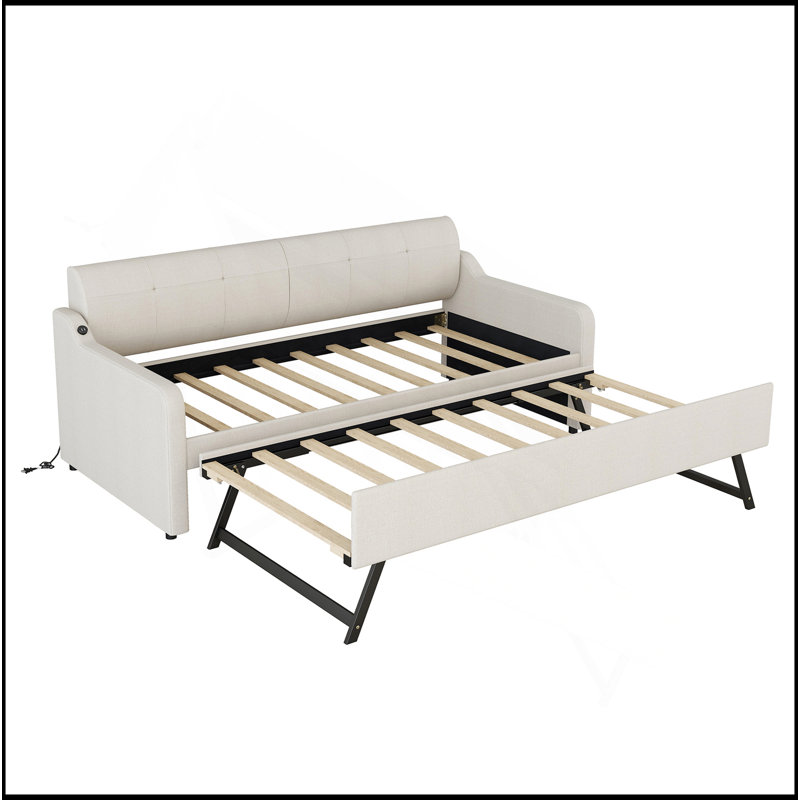 Twin Size Upholstery Daybed With Trundle And USB Charging Design,Trundle Can Be Flat Or Erected, Beige