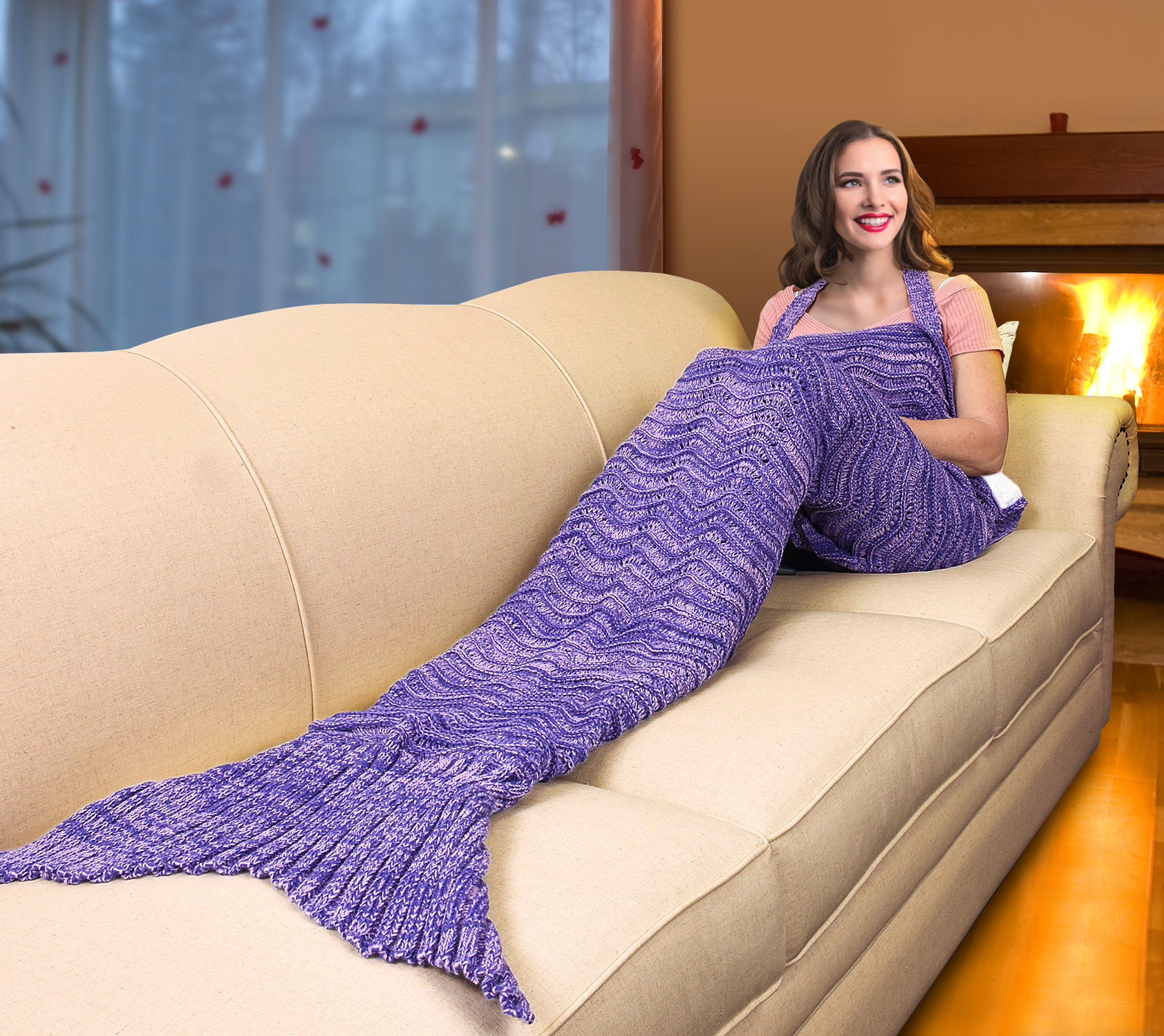 Catalonia Mermaid Tail Sherpa Blanket, Super Soft Warm Comfy Sherpa Lined  Crochet Mermaids with Non-slip Neck Strap